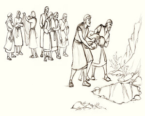 Pencil drawing. The men caught the guy and are leading him