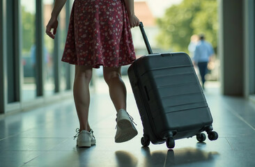 Woman roll luggage suitcase on wheels airport, departure on trip. AI Generative