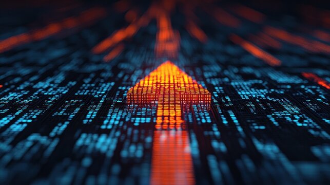 A glowing arrow composed of digital elements points forward through a matrix of binary code, symbolizing progress and technology.
