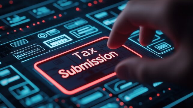 taxes submission process. A hand presses a digital button labeled "Tax Submission" on a sleek, high-tech interface, symbolizing online taxation and digital processes.