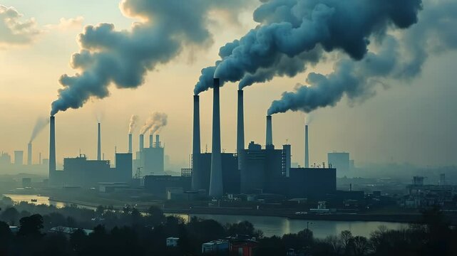 Industrial smoke rises from factories along a river at sunset creating a striking view of pollution and industry