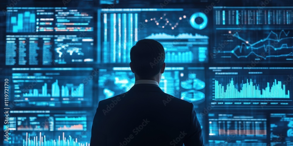 Aufkleber Business Professional Analyzing Data on Digital Dashboard with Graphs and Charts in Dark Environment