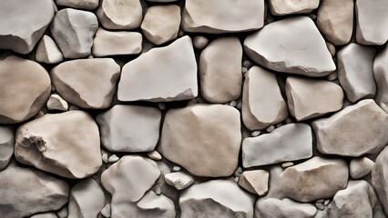 Close-up of a textured stone wall with irregular shaped stones in beige and white tones.