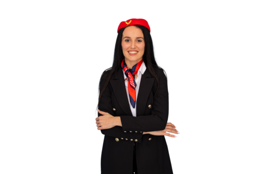 Professional female stewardess wearing airline uniform