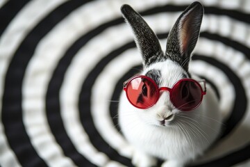 Adorable rabbit wearing red sunglasses on a black and white spiral background, perfect for fun and whimsical pet-themed projects and creative marketing materials.