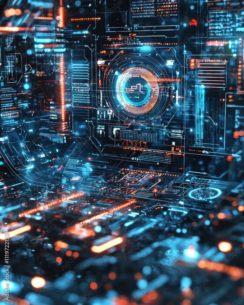 Poster futuristic digital interface with blue and orange glowing circuits and intricate patterns, creating 