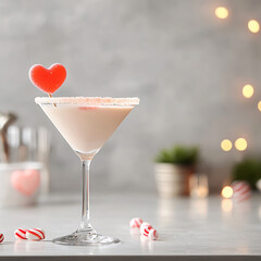 Creative Valentine cocktail with pink and white colors, garnished with heart shaped candy, perfect for romantic celebrations