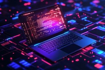 Futuristic Laptop with Neon Lights and Digital Patterns on a Vibrant Data Background Featuring Code and Geometric Shapes