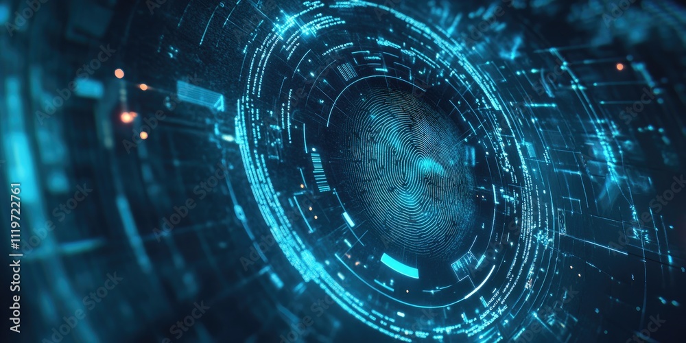 Poster Abstract digital fingerprint concept with futuristic technology and glowing blue high-tech elements on dark background