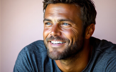 Obraz premium A man with a smile on his face is wearing a pink shirt