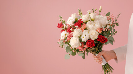 beautiful bouquet of mixed flowers held against pink background, showcasing vibrant colors and delicate petals