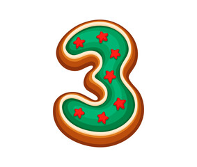 Number 3 gingerbread cookie with green icing and red star decorations, for Christmas, New Year or birthday celebration. Cartoon vector font, xmas typeface, funny dessert type, pastry alphabet numeral