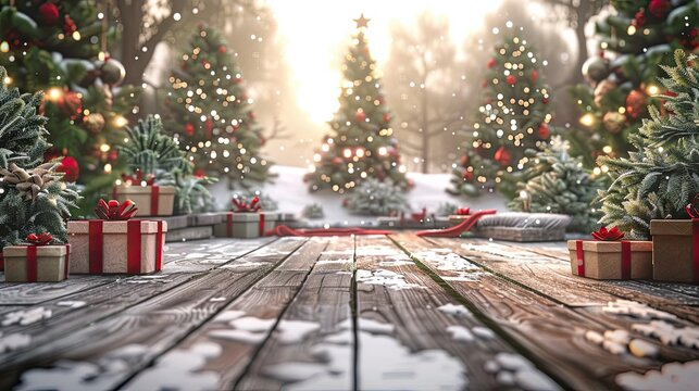 Christmas Decoration with Xmas Tree, Gift Boxes in Snowfall Photo.