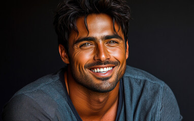 Fototapeta premium A man with a smile on his face is wearing a pink shirt