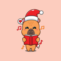 Cute capybara sing a christmas song. Cartoon vector illustration in Christmas day.