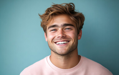 Fototapeta premium A man with a smile on his face is wearing a pink shirt