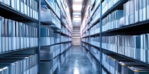 Empty Aisle in a Modern Archive with Organized Files and Shelves Leading into a Bright Corridor