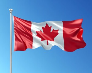 The Canadian flag gracefully waving against a clear blue sky, symbolizing national pride and unity.
