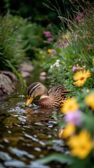 Cute Duck Dipping Head in Garden Stream