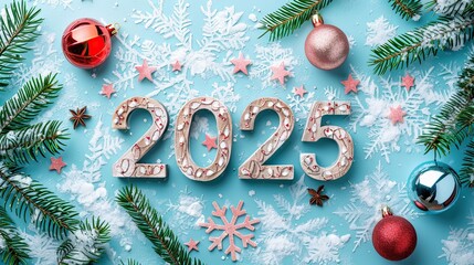 2025 New Year's Celebration with Baubles, Fir Leaves and Stars on Blue Snowflakes Background.