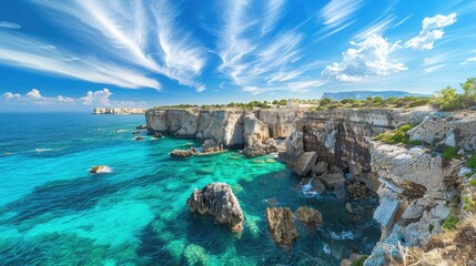 High-end photography of a picturesque coastal landscape with cliffs and a turquoise sea under a...