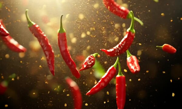 A dynamic image of red chili peppers surrounded by flying seeds, highlighting culinary spice.
