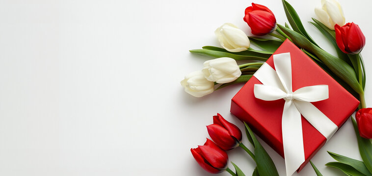 Beautiful red white tulips and gift box on white background. Concept Women's Day, March 8. 8th march. 14th February, Valentine&rsquo;s Day, Spring background. Flat lay, top view, copy space