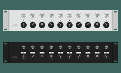 10 channels switching board with individual fuses and round switches. Rack mount 2U power distribution panel for 19 inch server rack. Vector illustration in flat style