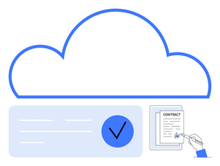 Cloud icon above a contract on a tablet signed with a stylus. Blue check mark symbol. Ideal for digital agreements, cloud storage, data security, remote work, technology, e-signature, paperless