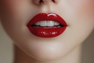 Fototapeta premium A woman with long red nails, perfectly shaped lips, and beautiful, glowing skin. Her lips are glossy with lipstick. The photograph is a close-up, with a sharp focus and high resolution.
