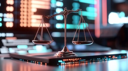 Justice scales on digital background.