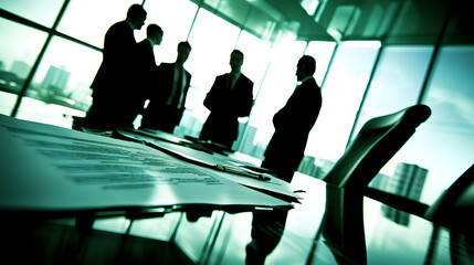 Businessmen in suits discussing critical negotiation around table with tense expressions, documents spread out, emphasizing seriousness of business deal.