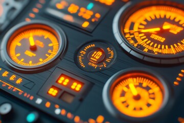 Close-up of a high-tech dashboard with glowing orange gauges and digital displays.