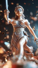 Lady Justice statue, sword, scales, confetti, dramatic lighting.