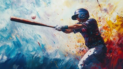 Dynamic baseball player swinging bat, vibrant paint strokes.