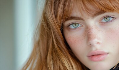 Close-up portrait of a young woman with freckles and red hair. (2)