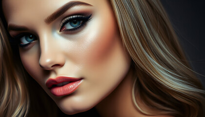 Fototapeta premium Portrait Of A Top Model Woman - Glamorous Close-Up of a Stylish Woman with Striking Makeup and Timeless Elegance 