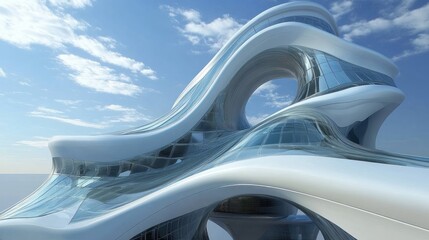 Futuristic white building design with curved glass and flowing lines against a blue sky.