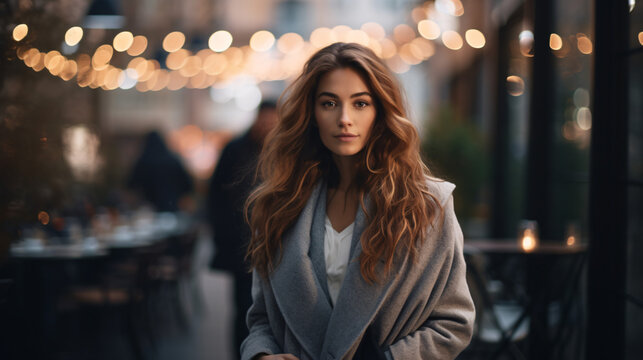 A fashion photographer directing a beautiful female model with a soft bokeh background, capturing a stylish moment.

