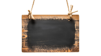 Hanging wooden chalkboard isolated on transparent background