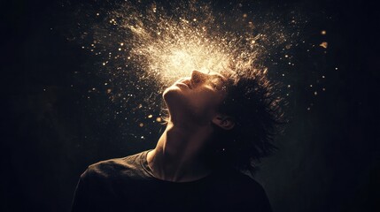 Young man with golden light exploding from head, dark background.