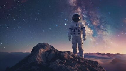 Mission specialist astronaut standing on rocky hill and looking at beautiful starry sky with milky way. Space traveler wearing white space suit and helmet. Concept of human space exploration