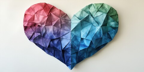 Fototapeta premium Intricate origami heart showcases a gradient of colors blending from red to blue, symbolizing unity and creativity