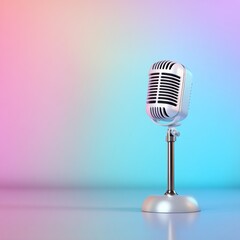 Retro microphone on stand against colorful background.