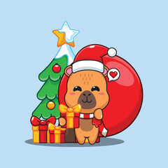 Cute capybara carrying bag of presents. Cartoon vector illustration in Christmas day.