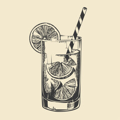 Mojito Cocktail Hand Drawn. Summer Cocktail Drink Vector Illustration.