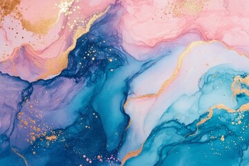 Fototapeta premium Vibrant Abstract Fluid Art with Pink, Blue, and Gold Tones in Swirling Patterns, Ideal for Backgrounds, Prints, and Creative Projects