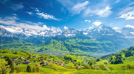 Obraz premium A picturesque view of the Swiss Alps in spring, with snow-capped peaks, lush green valleys, and clear blue skies