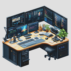 Naklejka premium Modern home office setup with multiple monitors, keyboard, plants, and tech gadgets creating an efficient workspace for productivity and creativity