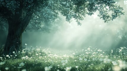 Misty Morning Landscape with Soft Light and Flowers